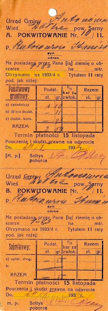 KKE 3535.jpg - Dokument. Stanisław Rutkowski podatek, Dołhe, 1933 r.